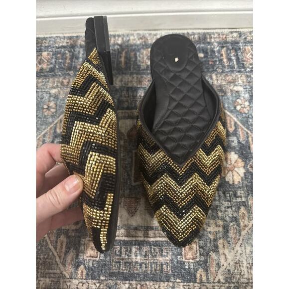Birdies Beaded Swan Mule In Black And Gold Chevron Satin 8.5 - Picture 3 of 6